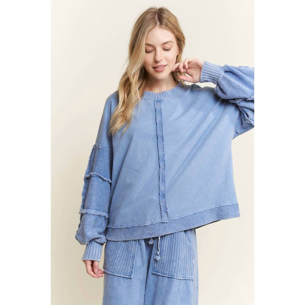 NEW J.HER mineral washed puff long sleeved terry sweatshirt top in denim blue